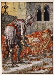 Sir Lancelot i det farofyllda kapellet, ur ”Berättelser om riddarna av Runda bordet” av Henry Gilbert, första upplagan, 1911