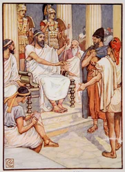 Solon frigör en slav, c.595, illustration från The Story of Greece av Mary Macgregor