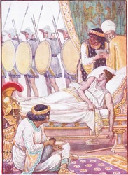 Med en ansträngning tittade han på dem när de passerade, illustration från The Story of Greece, 1930-talet