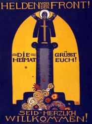Tyska WWI-affischhjältar från fronten, hemlandet hälsar dig! Välkommen pub. 1915 (färglitografi)
