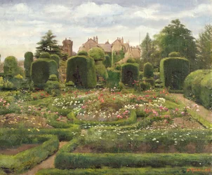 The Topiary Gardens, Levens Hall, Cumbria, 1886 (olja på duk ombord)