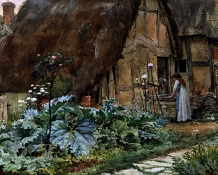 Vid stugan. Samtal vid fönstret på en lada. Målning av Well Walter Langley (1852-1922 brittisk) Privat samling
