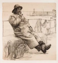 Fisherman Smoking a Pipe (kol på papper)