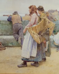 In a Cornish Fishing Village: Departure of the Fleet for the North, detalj av två fiskfruar, 1886 (wc) (detalj av 77635)