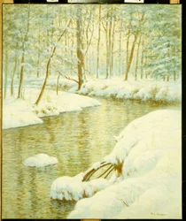 Winter Stream, Sunset Glow (olja på duk)