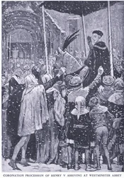 Henrik V:s kröningsprocession som anländer till Westminster Abbey 1413, från Cassells History of the British People utgiven av Waverley Book Company Limited, ca 1940.