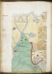MS 57555, f.23v, Karta över Nordafrika, från en anteckningsbok som innehåller en historisk tidning, bibliotekslistor, etc.; c.1606-08 (akvarell på papper)