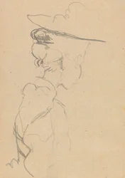 Huvud och axlar av en kvinna med hatt, i förlorad profil, till höger (grafit på papper)
