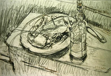 Stilleben med hummer (krita och bläck på papper)
