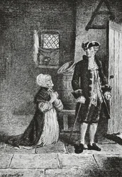 Elspeth och Lord Glenallan, illustration för Antiquary, historisk roman av Walter Scott (1771-1832), gravyr