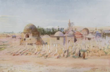Den muslimska kyrkogården och utsikt över Hermonberget, Damaskus