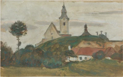 Landskap med kyrka och by