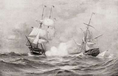 Striden mellan USS Constitution och HMS Guerriere, under kriget 1812, cirka 600 miles sydost om Halifax, Nova Scotia, från The History of Our Country, publicerad 1905