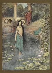 Frontispice: "Hon rusade ut ur palatset... och kom till övervärlden." från Folk-Tales of Bengal ... Med 32 illustrationer i färg av Warwick Goble (Edition de luxe.)