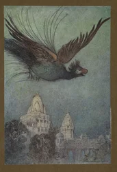 Plåt 10: "En monstruös fågel kommer tydligen ut från palatset", från Folk-Tales of Bengal ... Med 32 illustrationer i färg av Warwick Goble (Edition de luxe.) 1914 (färg litho)