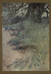 Plansch 11: "Hundratals påfåglar med praktfull fjäderdräkt kom till vallarna för att äta khai", ur Folk-Tales of Bengal ... Med 32 färgillustrationer av Warwick Goble. Lyxutgåva.