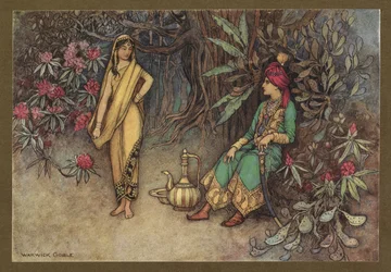 Plåt 12: "Du skulle pryda den mäktigaste suveränens palats", från Folk-Tales of Bengal ... Med 32 illustrationer i färg av Warwick Goble (Edition de luxe) 1914 (färg litho)