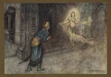 Plåt 13: "Han såg en vacker kvinna komma ut ur palatset", från Folk-Tales of Bengal ... Med 32 illustrationer i färg av Warwick Goble (Edition de luxe.) 1914 (färg litho)