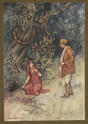 Plåt 14: "Man, ta upp all denna stora mängd guld och dessa ädelstenar", från Folk-Tales of Bengal ... Med 32 illustrationer i färg av Warwick Goble (Edition de luxe)