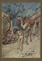 Plåt 16: "Kamelföraren steg av, band kamelen vid trädet på plats och började röka."  Folk-Tales of Bengal ... Med 32 illustrationer i färg av Warwick Goble. (Edition de luxe.).  1914