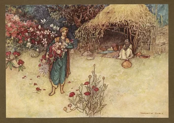Tavla 17: "I gryningen brukade han avliva blommor i första", från Folk-Tales of Bengal ... Med 32 illustrationer i färg av Warwick Goble. (Edition de luxe.)