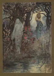 Platta 18: "Brahmanens fru hade tillfälle att gå till tanken, och när hon gick blev hon borstad av en Sankchinni", från Folk-Tales of Bengal ... Med 32 illustrationer i färg av Warwick Goble. (Edition de luxe.)