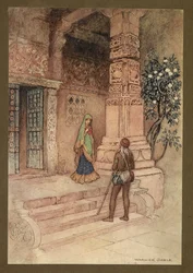 Plåt 1: "Suo-drottningen gick till dörren med en näve ris." från Folk-Tales of Bengal ... Med 32 illustrationer i färg av Warwick Goble. (Edition de luxe.)