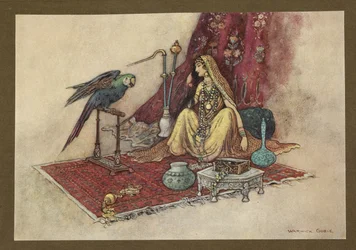 Skylt 21: "Vilken prinsessa har någonsin bara lagt en rubin i håret?" från Folk-Tales of Bengal ... Med 32 illustrationer i färg av Warwick Goble (Edition de luxe.)