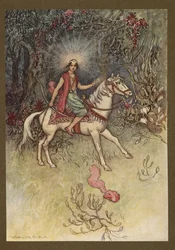 Plåt 24: "A bright light, like that of the Moon, was see shining on his forehead", från Folk-Tales of Bengal ... Med 32 illustrationer i färg av Warwick Goble (Edition de luxe)