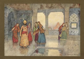Plåt 25: "De sex drottningarna försökte trösta honom", från Folk-Tales of Bengal ... Med 32 illustrationer i färg av Warwick Goble. (Edition de luxe.) 1914 (färg litho)