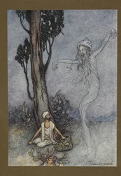 Plåt 26: "Nu frisör, jag ska förgöra dig. vem ska skydda dig?", från Folk-Tales of Bengal ... Med 32 illustrationer i färg av Warwick Goble (Edition de luxe.)