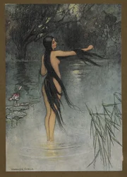 Plåt 29: "När hon kom upp ur vattnet, vilken förändring sågs i henne!", från Folk-Tales of Bengal ... Med 32 illustrationer i färg av Warwick Goble (Edition de luxe.). 1914