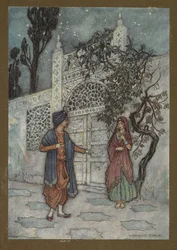 Plåt 2: "Prinsen återupplivades, och när han gick omkring såg han en mänsklig figur nära porten", från Folk-Tales of Bengal... Med 32 illustrationer i färg av Warwick Goble