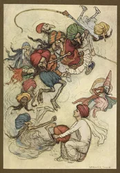 Platta 4: "Istället för sötsaker om ett tjog demoner." Folk-Tales of Bengal ... Med 32 illustrationer i färg av Warwick Goble. (Edition de luxe.)
