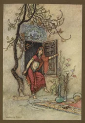 Plåt 7: "The Girl of the Wall-Amirah." Folk-Tales of Bengal ... Med 32 illustrationer i färg av Warwick Goble (Edition de luxe)