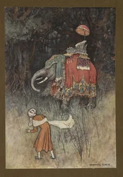 Platta 8: "På en plötslig kapariserade en elefant vackert över sin väg", från Folk-Tales of Bengal ... Med 32 illustrationer i färg av Warwick Goble (Edition de luxe)