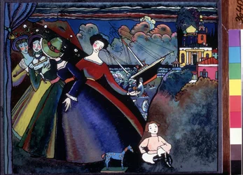 ""Skeppet"" Unga kvinnor vid kajen, i fjärran verkar en båt sjunka. Målning av Wassily Kandinsky (eller Wassily Kandinski eller Kandinskij