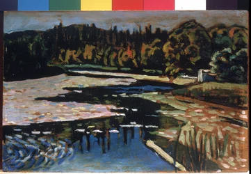 ""A River in Autumn"" (A River in Autumn) Målning av Vassily Kandinsky (eller Wassily Kandinski eller Kandinskij).
