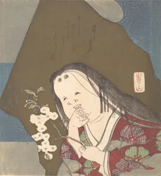 Otafuku håller en gren av dubbla vita körsbärsblommor, ca. 1840.