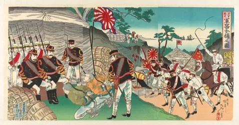 Japanska trupper fångar vapen som lämnats kvar av den flyende fienden Shingun haisô gunki bundori no zu (titel på objekt)
