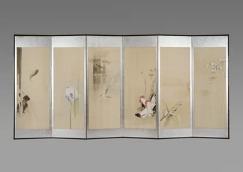 Ett par hopfällbara skärmar: Flowers of the Tolv Months, ca 1900 (bläck & färg på papper)