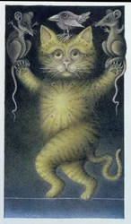 Cat on a Tightrope, balancing with Bird and Mice (blyerts och färgkrita på papper)