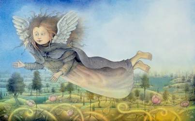 Flying Fairy Over Landscape (blyerts och färgkrita på papper)