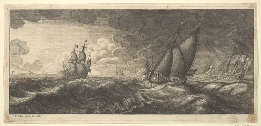 En yacht och tre krigsfartyg i en storm, 1665.