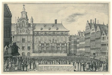 Tillkännagivande av freden i Munster i Antwerpen, 1648 Eygentlycke skildrar sättet för publiceringen av den Peys, mellan syne Mayesteyt den Coninck van Spagnien, och Heeren Staten Generael van de Vereenich[de] Nederlanden på en Heerlyc