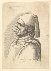 Byst av missbildad man med hatt och fett, utskjutande underläpp i profil till vänster, 1625-77.