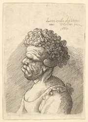 Byst av en missbildad kvinna med lockigt hår i profil till vänster, 1665.