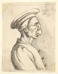 Byst av en man med platt näsa och utstående mun, iklädd platt mössa och knäppt kappa i..., 1660.