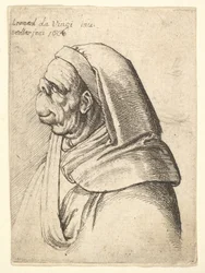 Byst av en man med liten uppvikt näsa och mycket hög överläpp, bär huva, i profil..., 1666.