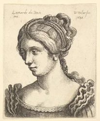 Byst av en kvinna som tittar nedåt åt vänster med utsökt dekorerat hår, 1648.